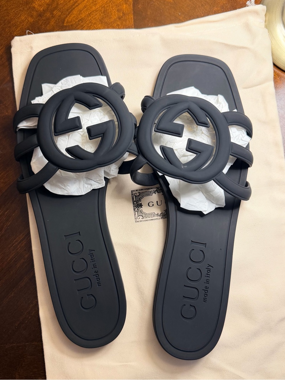 Gucci Black Rubber Interlocking GG Slide Sandals
